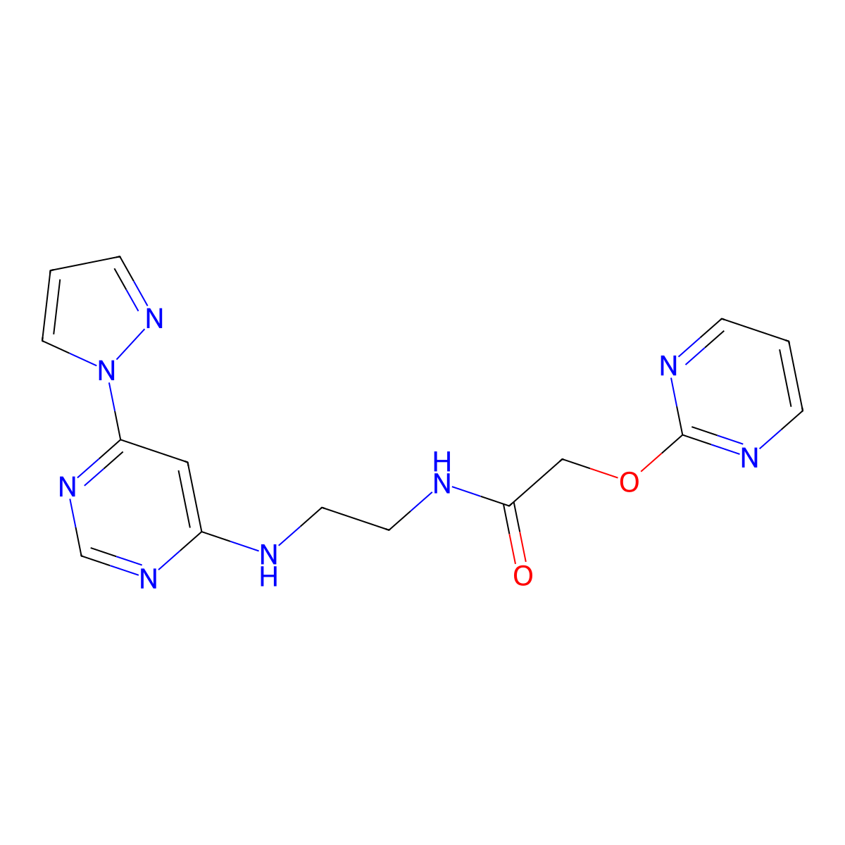 N-(2-((6-(1H-pyrazol-1-yl)pyrimidin-4-yl)amino)ethyl)-2-(pyrimidin-2-yloxy)acetamide molecular structure, CAS 1251686-18-6