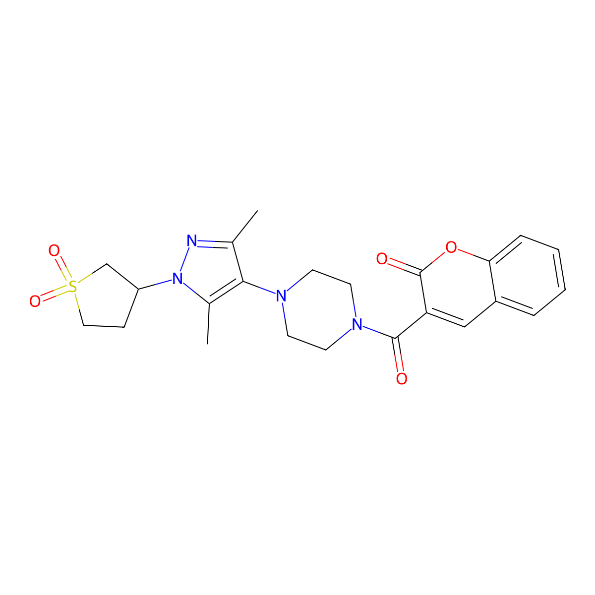 3-(4-(1-(1,1-dioxidotetrahydrothiophen-3-yl)-3,5-dimethyl-1H-pyrazol-4-yl)piperazine-1-carbonyl)-2H-chromen-2-one molecular structure, CAS 1251686-20-0