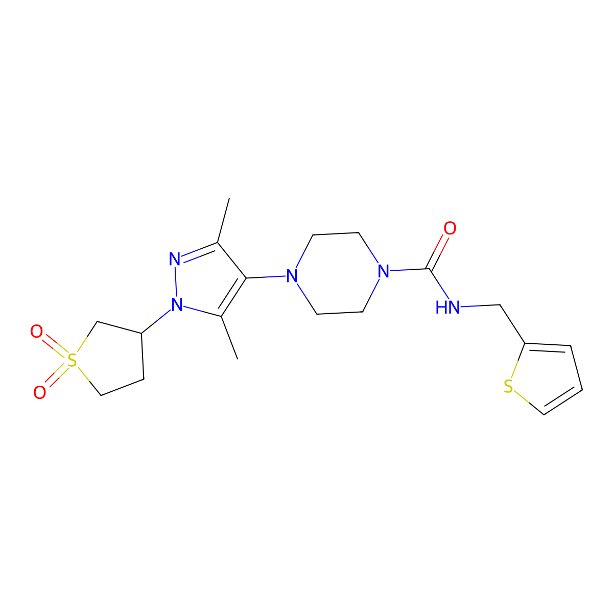 4-(1-(1,1-dioxidotetrahydrothiophen-3-yl)-3,5-dimethyl-1H-pyrazol-4-yl)-N-(thiophen-2-ylmethyl)piperazine-1-carboxamide molecular structure, CAS 1251686-21-1