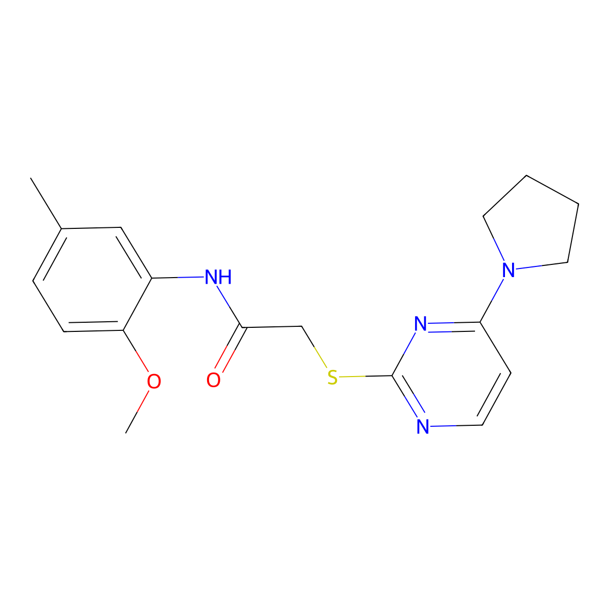 N-(2-methoxy-5-methylphenyl)-2-((4-(pyrrolidin-1-yl)pyrimidin-2-yl)thio)acetamide molecular structure, CAS 1251686-28-8
