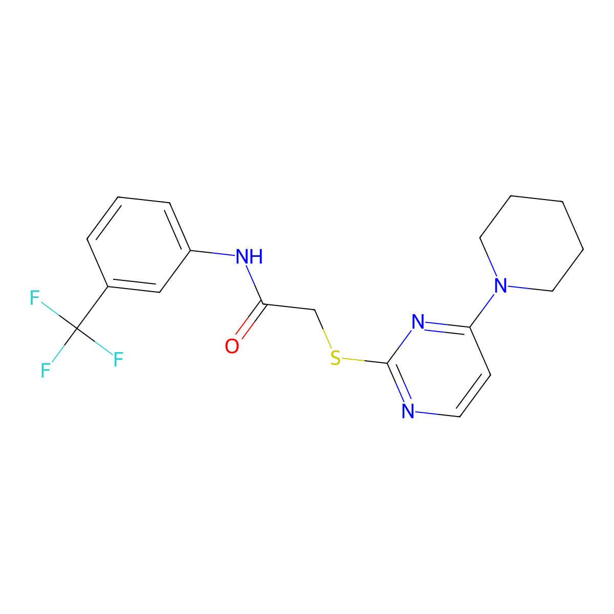 2-((4-(piperidin-1-yl)pyrimidin-2-yl)thio)-N-(3-(trifluoromethyl)phenyl)acetamide molecular structure, CAS 1251686-29-9