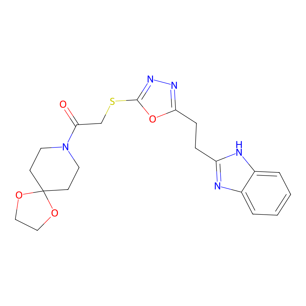 2-((5-(2-(1H-benzo[d]imidazol-2-yl)ethyl)-1,3,4-oxadiazol-2-yl)thio)-1-(1,4-dioxa-8-azaspiro[4.5]decan-8-yl)ethanone molecular structure, CAS 1251686-30-2