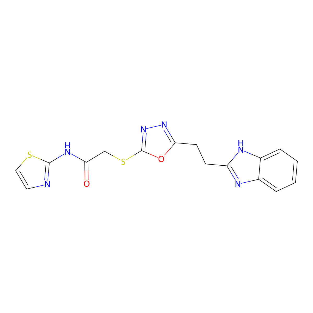 2-((5-(2-(1H-benzo[d]imidazol-2-yl)ethyl)-1,3,4-oxadiazol-2-yl)thio)-N-(thiazol-2-yl)acetamide molecular structure, CAS 1251686-32-4