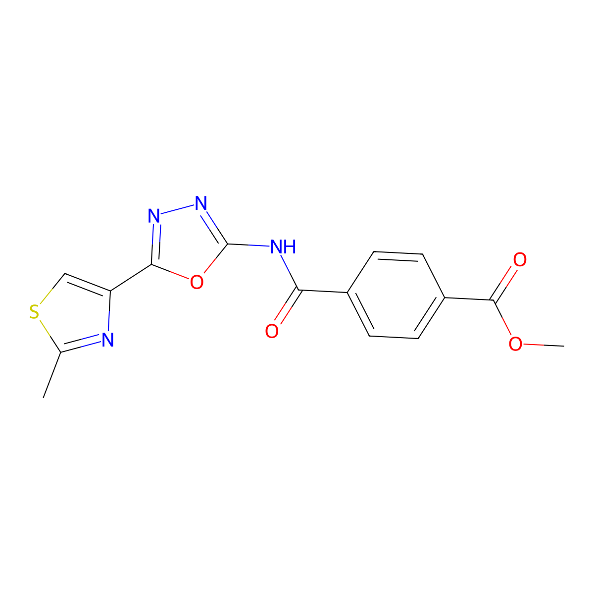 Methyl 4-((5-(2-methylthiazol-4-yl)-1,3,4-oxadiazol-2-yl)carbamoyl)benzoate molecular structure, CAS 1251686-36-8