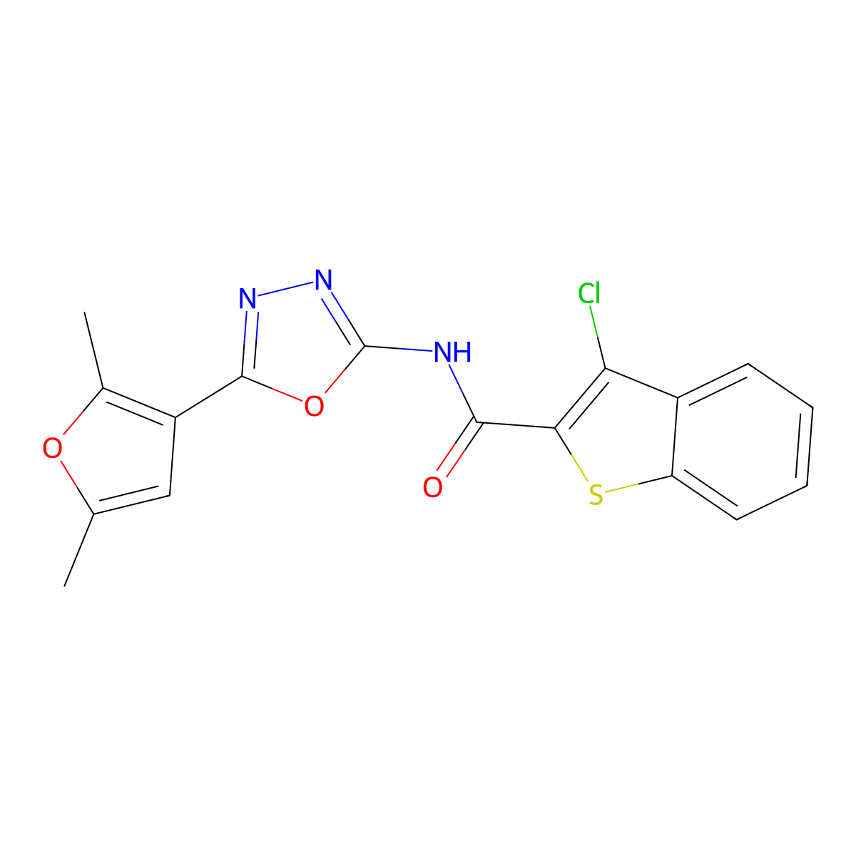 3-chloro-N-(5-(2,5-dimethylfuran-3-yl)-1,3,4-oxadiazol-2-yl)benzo[b]thiophene-2-carboxamide molecular structure, CAS 1251686-38-0