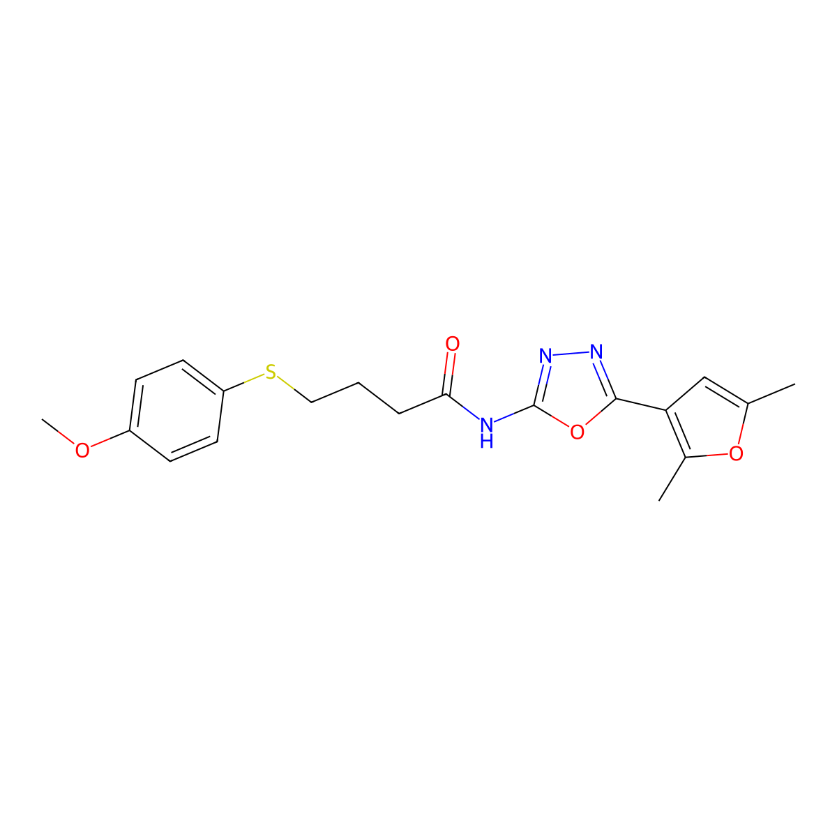N-(5-(2,5-dimethylfuran-3-yl)-1,3,4-oxadiazol-2-yl)-4-((4-methoxyphenyl)thio)butanamide molecular structure, CAS 1251686-40-4