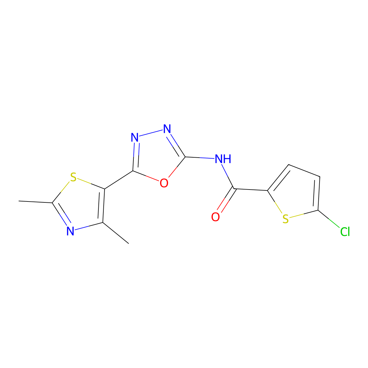 5-chloro-N-(5-(2,4-dimethylthiazol-5-yl)-1,3,4-oxadiazol-2-yl)thiophene-2-carboxamide molecular structure, CAS 1251686-43-7