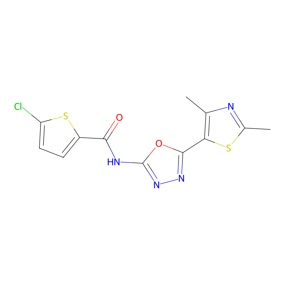 5-chloro-N-(5-(2,4-dimethylthiazol-5-yl)-1,3,4-oxadiazol-2-yl)thiophene-2-carboxamide molecular structure, CAS 1251686-43-7
