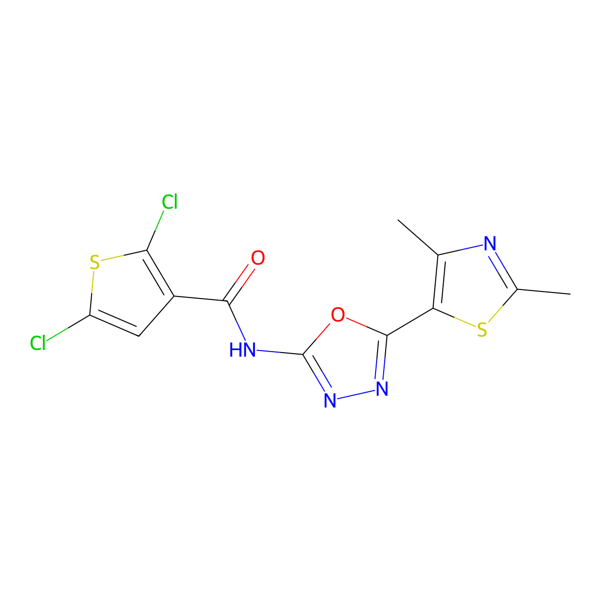 2,5-dichloro-N-[5-(2,4-dimethyl-1,3-thiazol-5-yl)-1,3,4-oxadiazol-2-yl]thiophene-3-carboxamide molecular structure, CAS 1251686-45-9