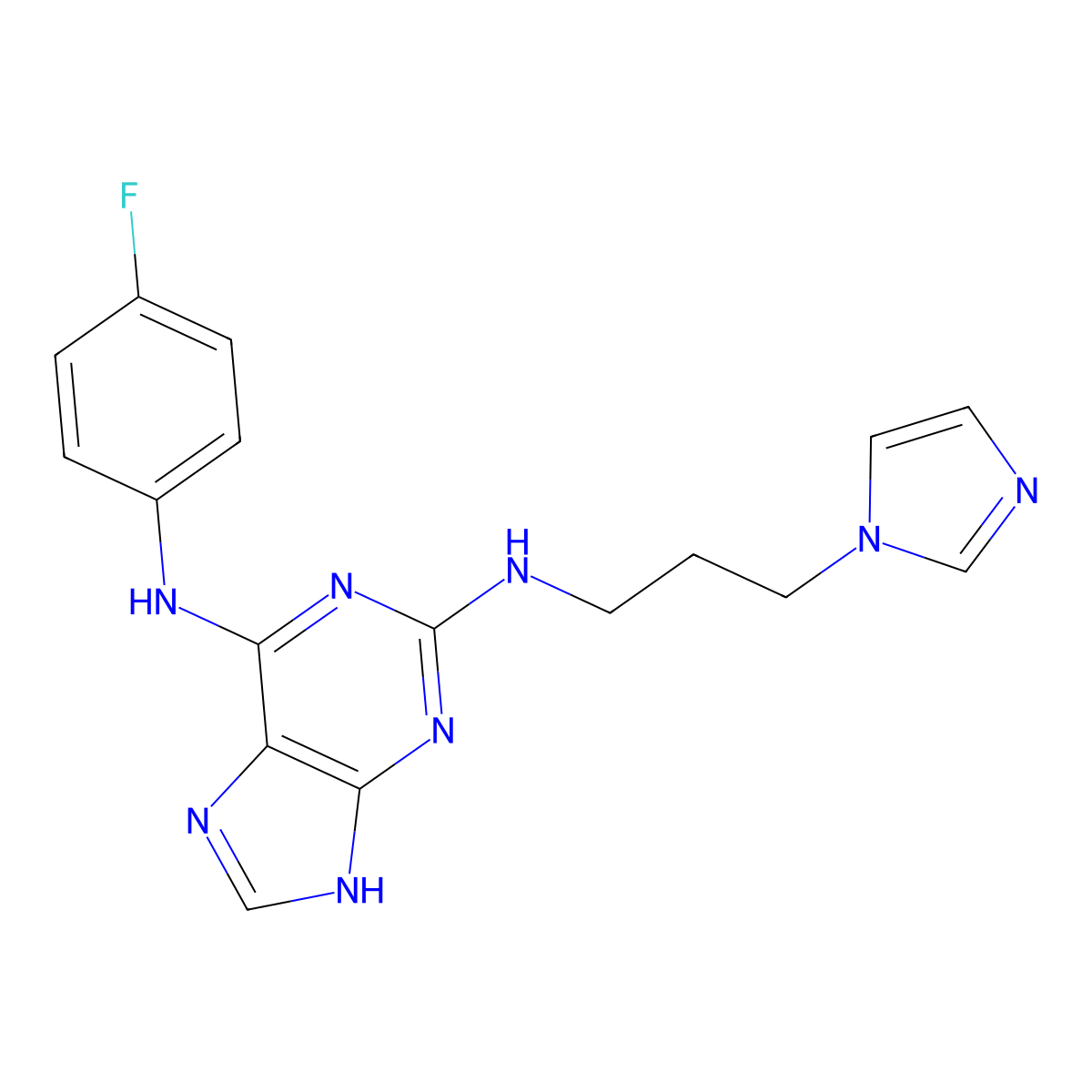 N2-(3-(1H-imidazol-1-yl)propyl)-N6-(4-fluorophenyl)-9H-purine-2,6-diamine molecular structure, CAS 1251686-46-0