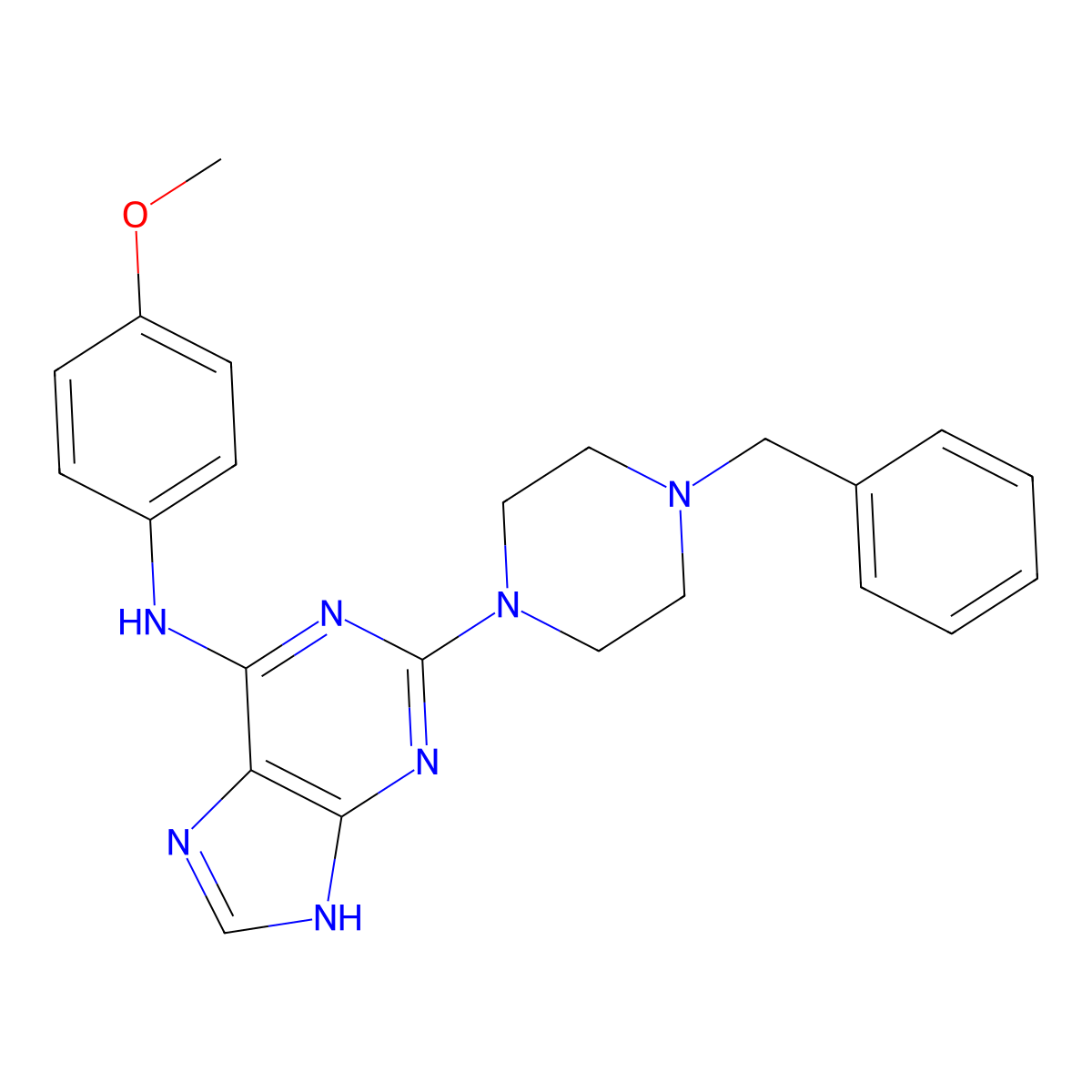 2-(4-benzylpiperazin-1-yl)-N-(4-methoxyphenyl)-9H-purin-6-amine molecular structure, CAS 1251686-47-1