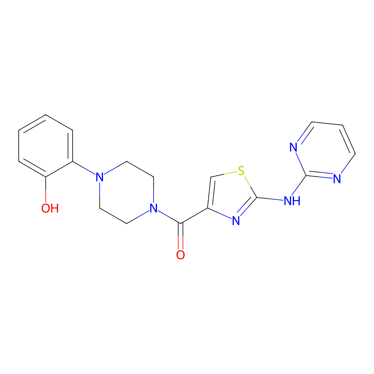(4-(2-Hydroxyphenyl)piperazin-1-yl)(2-(pyrimidin-2-ylamino)thiazol-4-yl)methanone molecular structure, CAS 1251686-52-8