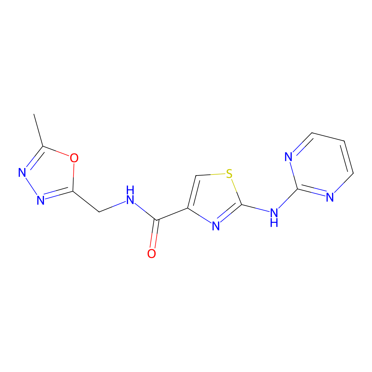 N-((5-methyl-1,3,4-oxadiazol-2-yl)methyl)-2-(pyrimidin-2-ylamino)thiazole-4-carboxamide molecular structure, CAS 1251686-61-9