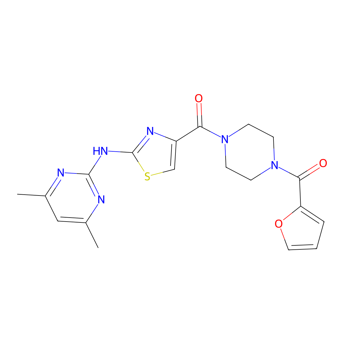 (2-((4,6-Dimethylpyrimidin-2-yl)amino)thiazol-4-yl)(4-(furan-2-carbonyl)piperazin-1-yl)methanone molecular structure, CAS 1251686-66-4