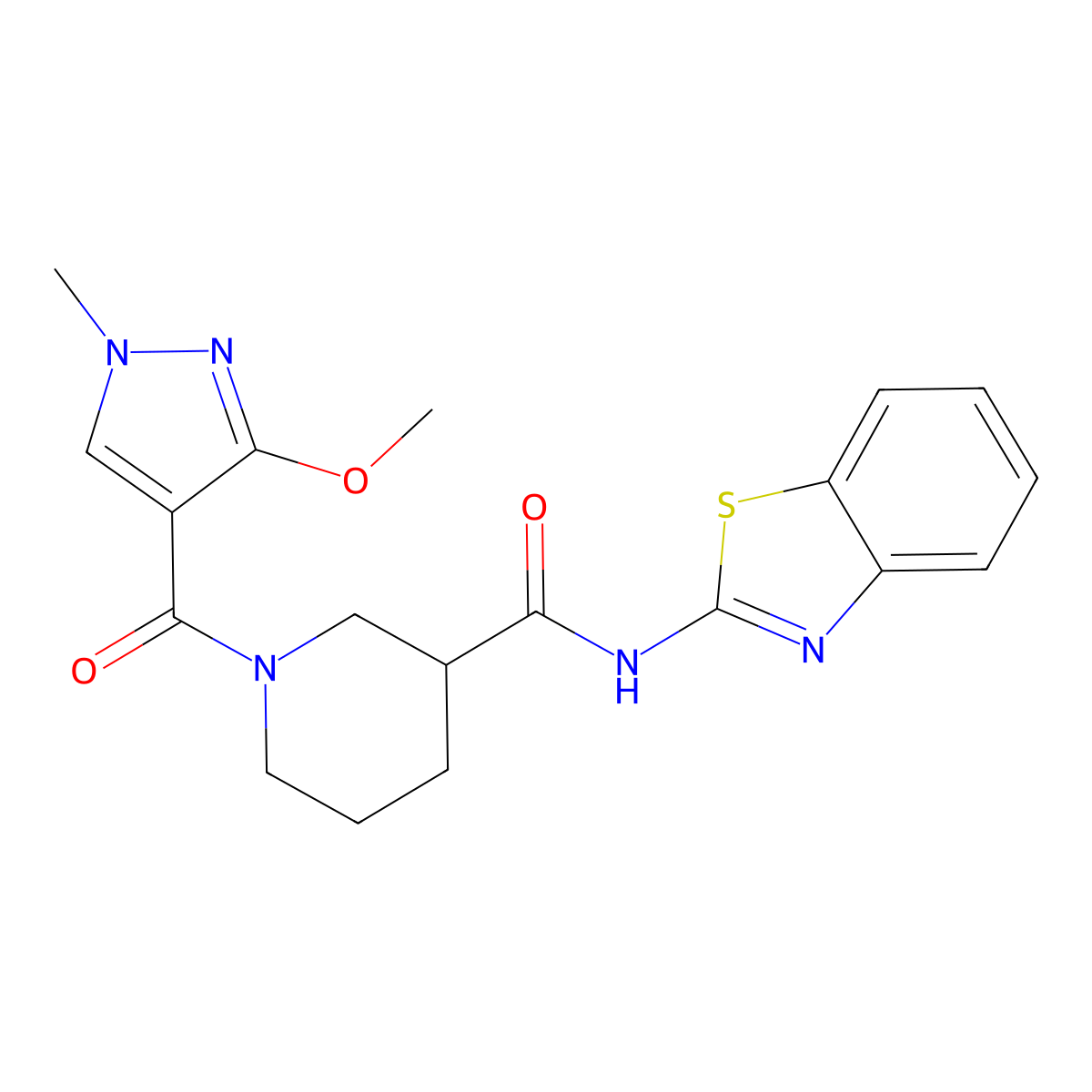 N-(benzo[d]thiazol-2-yl)-1-(3-methoxy-1-methyl-1H-pyrazole-4-carbonyl)piperidine-3-carboxamide molecular structure, CAS 1251686-68-6