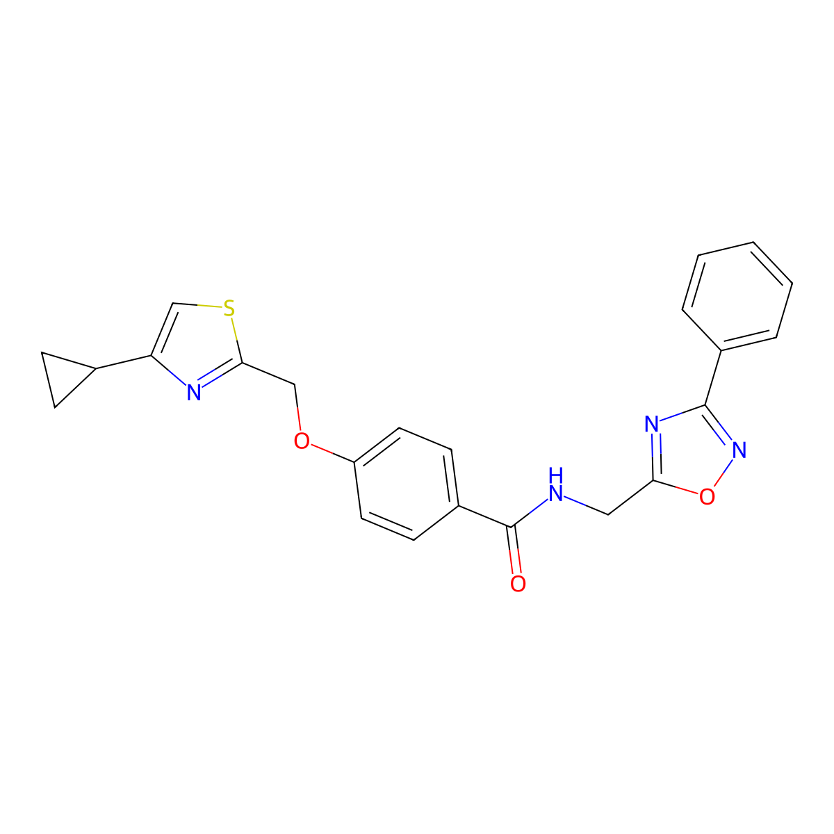 4-((4-cyclopropylthiazol-2-yl)methoxy)-N-((3-phenyl-1,2,4-oxadiazol-5-yl)methyl)benzamide molecular structure, CAS 1251686-76-6