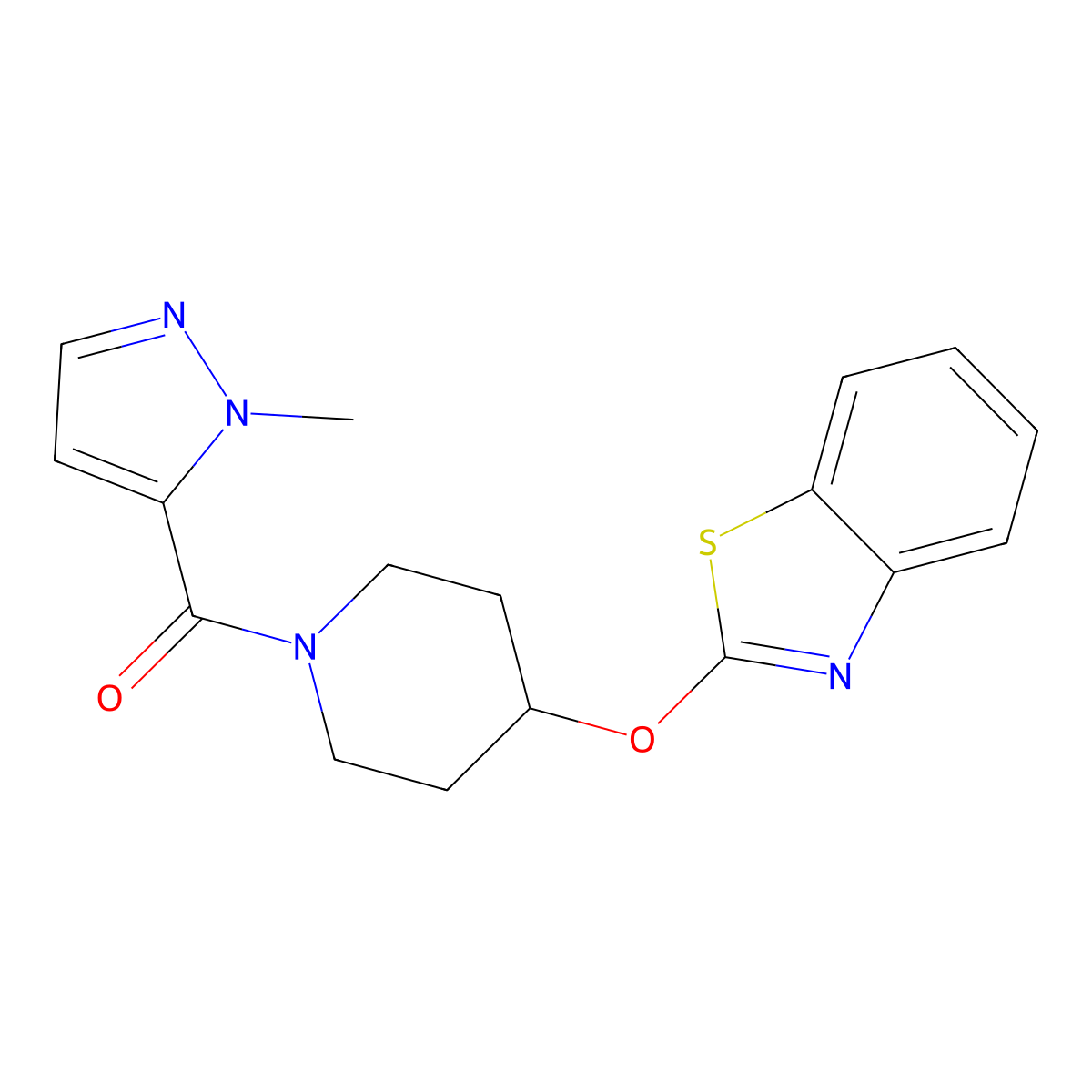 (4-(benzo[d]thiazol-2-yloxy)piperidin-1-yl)(1-methyl-1H-pyrazol-5-yl)methanone molecular structure, CAS 1251686-83-5