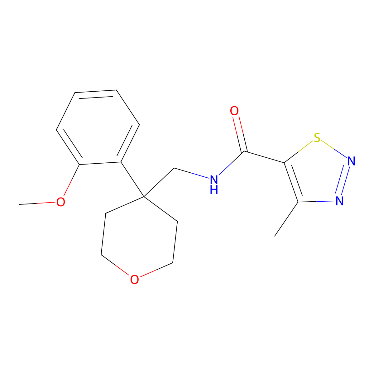 N-((4-(2-methoxyphenyl)tetrahydro-2H-pyran-4-yl)methyl)-4-methyl-1,2,3-thiadiazole-5-carboxamide molecular structure, CAS 1251686-84-6