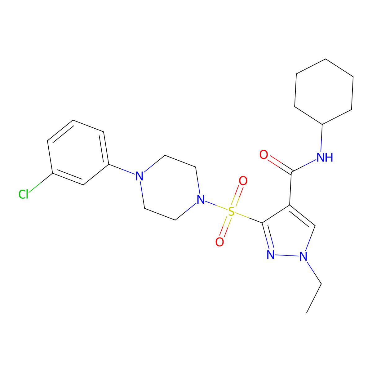 3-{[4-(3-chlorophenyl)piperazin-1-yl]sulfonyl}-N-cyclohexyl-1-ethyl-1H-pyrazole-4-carboxamide molecular structure, CAS 1251686-97-1