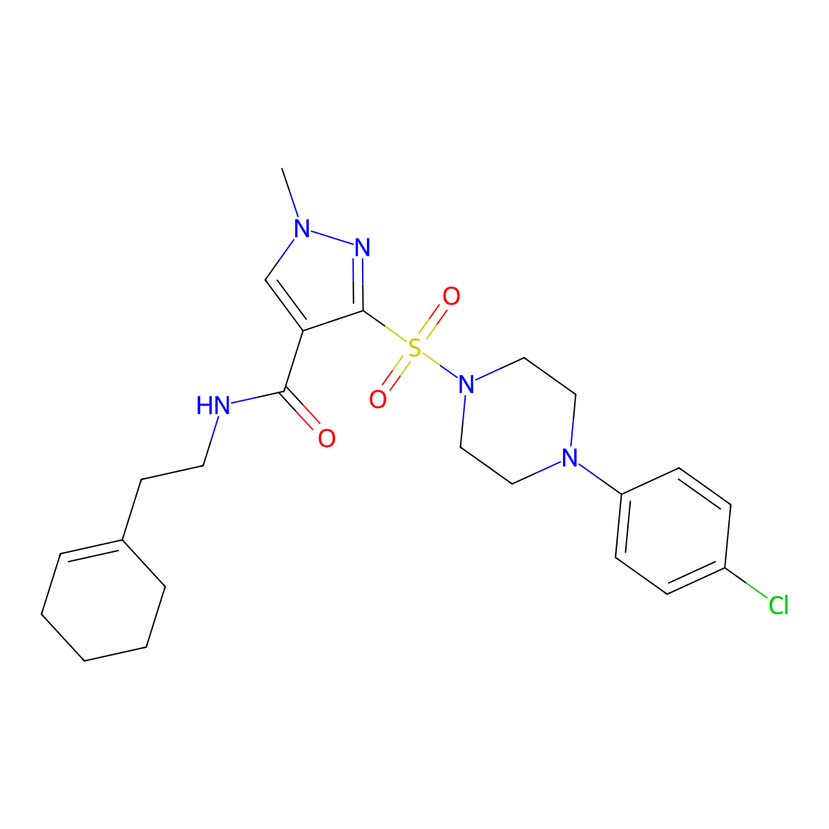 3-{[4-(4-chlorophenyl)piperazin-1-yl]sulfonyl}-N-[2-(cyclohex-1-en-1-yl)ethyl]-1-methyl-1H-pyrazole-4-carboxamide molecular structure, CAS 1251687-03-2