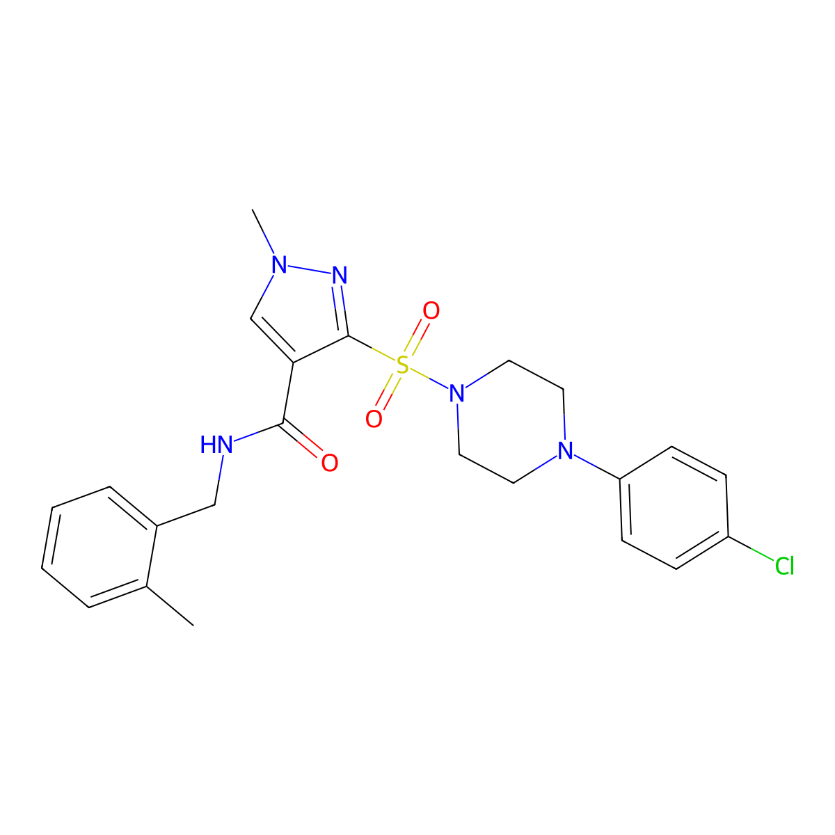3-{[4-(4-chlorophenyl)piperazin-1-yl]sulfonyl}-1-methyl-N-[(2-methylphenyl)methyl]-1H-pyrazole-4-carboxamide molecular structure, CAS 1251687-11-2