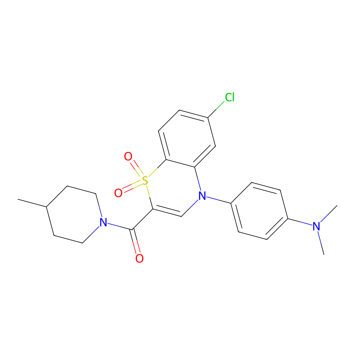 6-chloro-4-[4-(dimethylamino)phenyl]-2-(4-methylpiperidine-1-carbonyl)-4H-1lambda6,4-benzothiazine-1,1-dione molecular structure, CAS 1251687-15-6