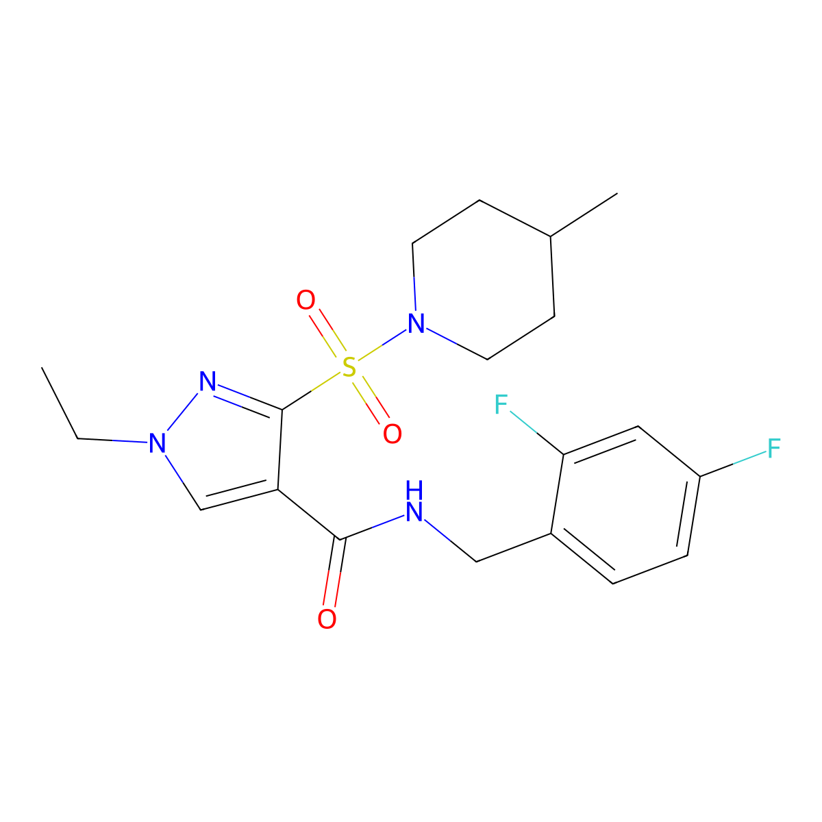 N-(2,4-difluorobenzyl)-1-ethyl-3-((4-methylpiperidin-1-yl)sulfonyl)-1H-pyrazole-4-carboxamide molecular structure, CAS 1251687-39-4