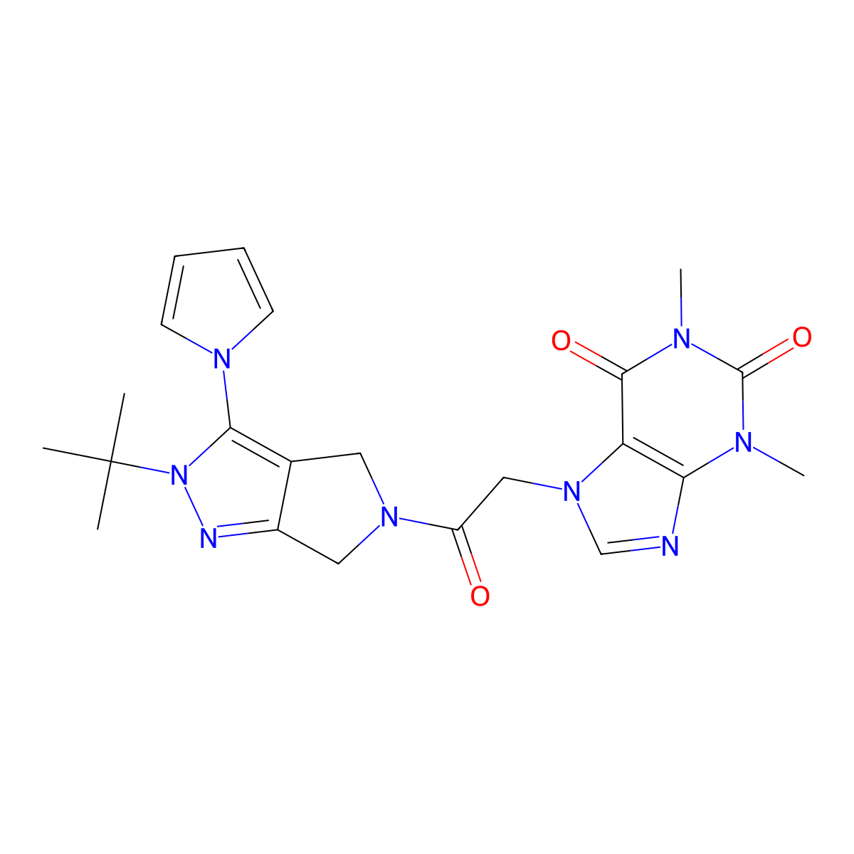 7-(2-(2-(tert-butyl)-3-(1H-pyrrol-1-yl)pyrrolo[3,4-c]pyrazol-5(2H,4H,6H)-yl)-2-oxoethyl)-1,3-dimethyl-1H-purine-2,6(3H,7H)-dione molecular structure, CAS 1251687-54-3