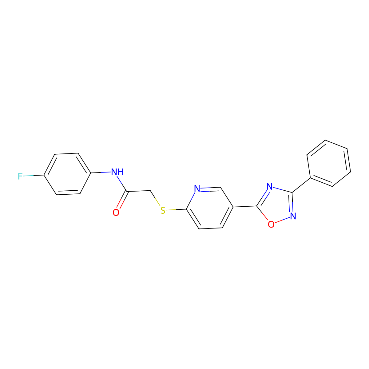 N-(4-fluorophenyl)-2-((5-(3-phenyl-1,2,4-oxadiazol-5-yl)pyridin-2-yl)thio)acetamide molecular structure, CAS 1251687-61-2