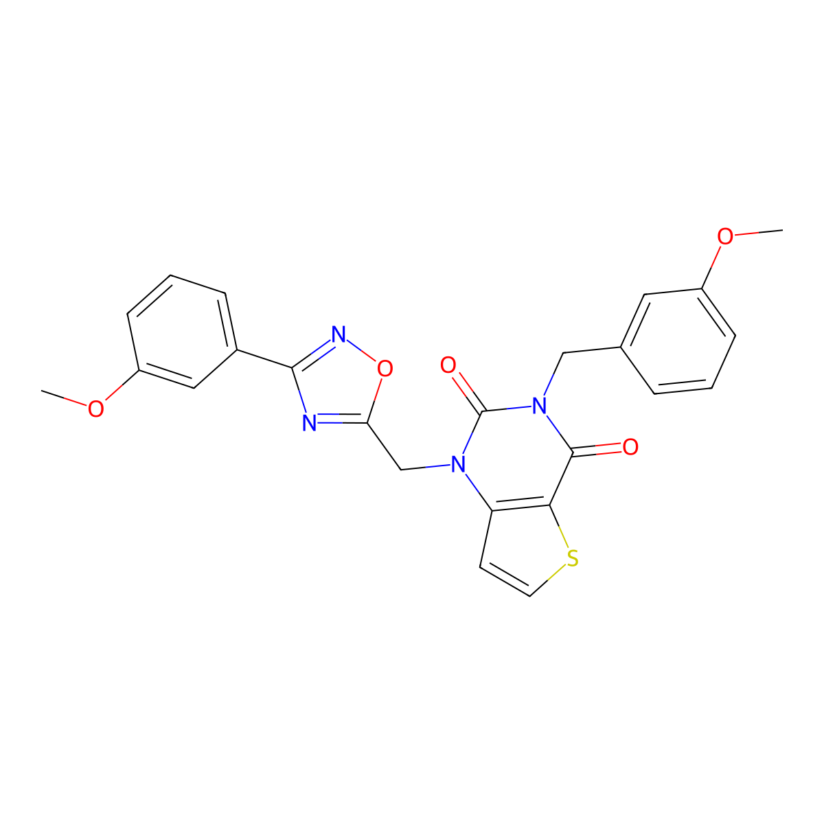 1-{[3-(3-methoxyphenyl)-1,2,4-oxadiazol-5-yl]methyl}-3-[(3-methoxyphenyl)methyl]-1H,2H,3H,4H-thieno[3,2-d]pyrimidine-2,4-dione molecular structure, CAS 1251687-67-8