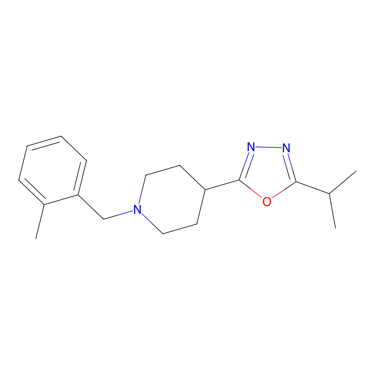 1-[(2-Methylphenyl)methyl]-4-[5-(propan-2-yl)-1,3,4-oxadiazol-2-yl]piperidine molecular structure, CAS 1251687-79-2