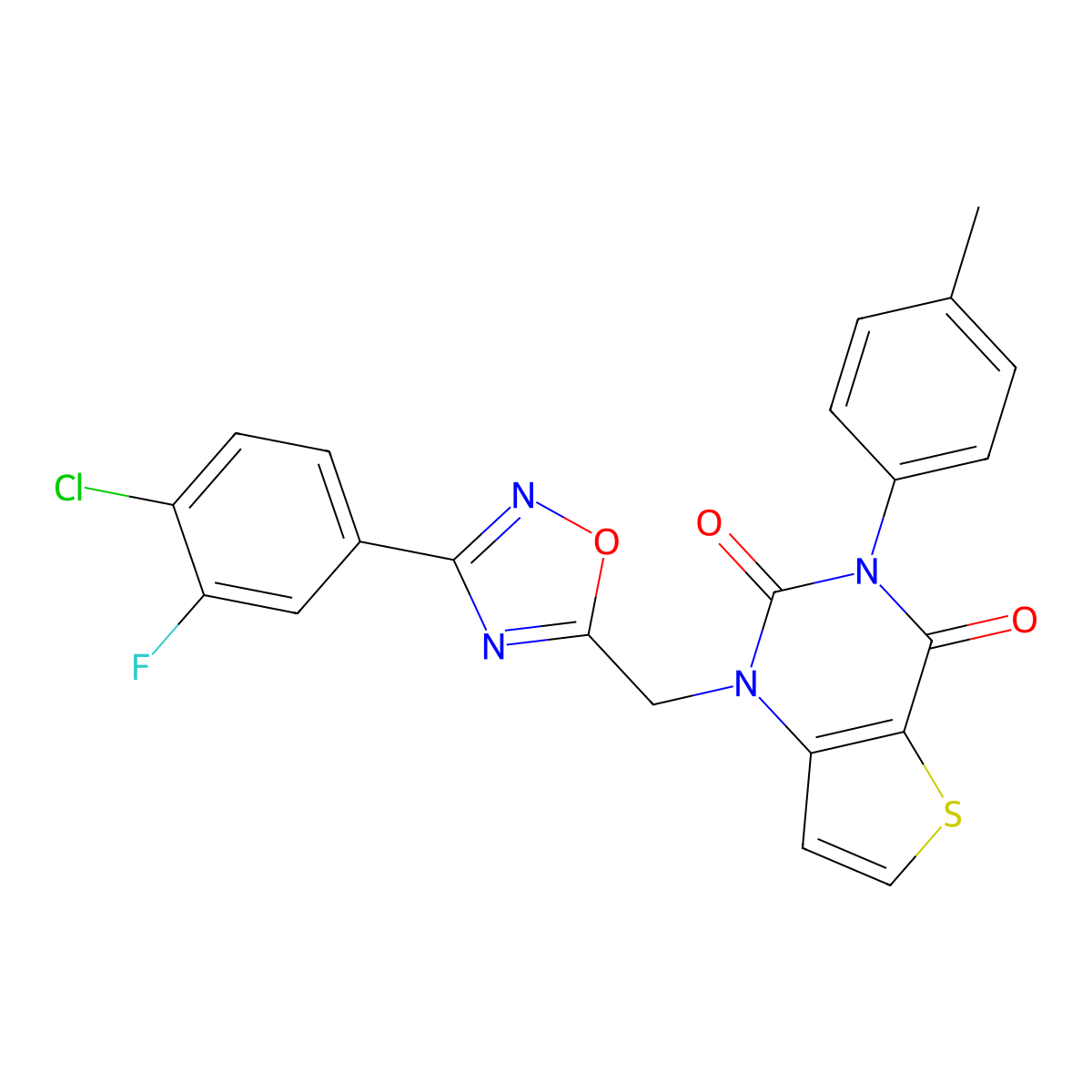 1-{[3-(4-chloro-3-fluorophenyl)-1,2,4-oxadiazol-5-yl]methyl}-3-(4-methylphenyl)-1H,2H,3H,4H-thieno[3,2-d]pyrimidine-2,4-dione molecular structure, CAS 1251687-82-7