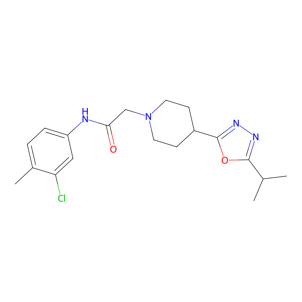 N-(3-chloro-4-methylphenyl)-2-(4-(5-isopropyl-1,3,4-oxadiazol-2-yl)piperidin-1-yl)acetamide molecular structure, CAS 1251687-84-9