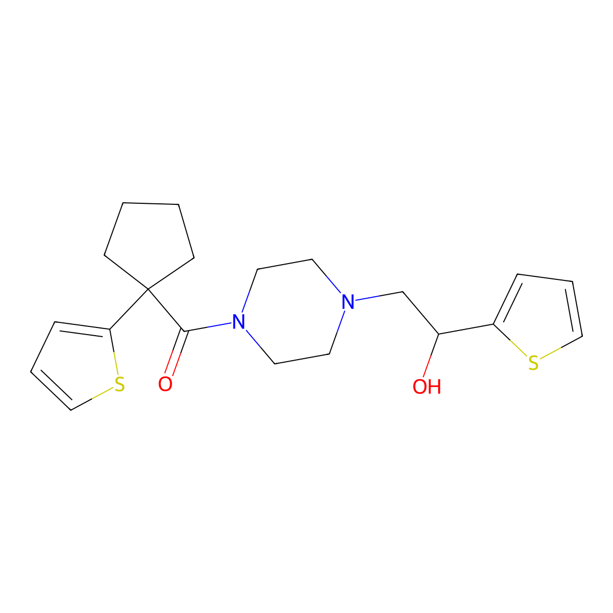 (4-(2-Hydroxy-2-(thiophen-2-yl)ethyl)piperazin-1-yl)(1-(thiophen-2-yl)cyclopentyl)methanone molecular structure, CAS 1251687-89-4