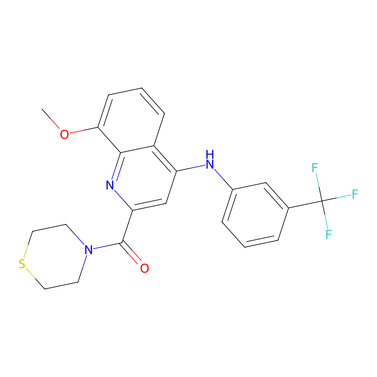 (8-Methoxy-4-((3-(trifluoromethyl)phenyl)amino)quinolin-2-yl)(thiomorpholino)methanone molecular structure, CAS 1251688-30-8