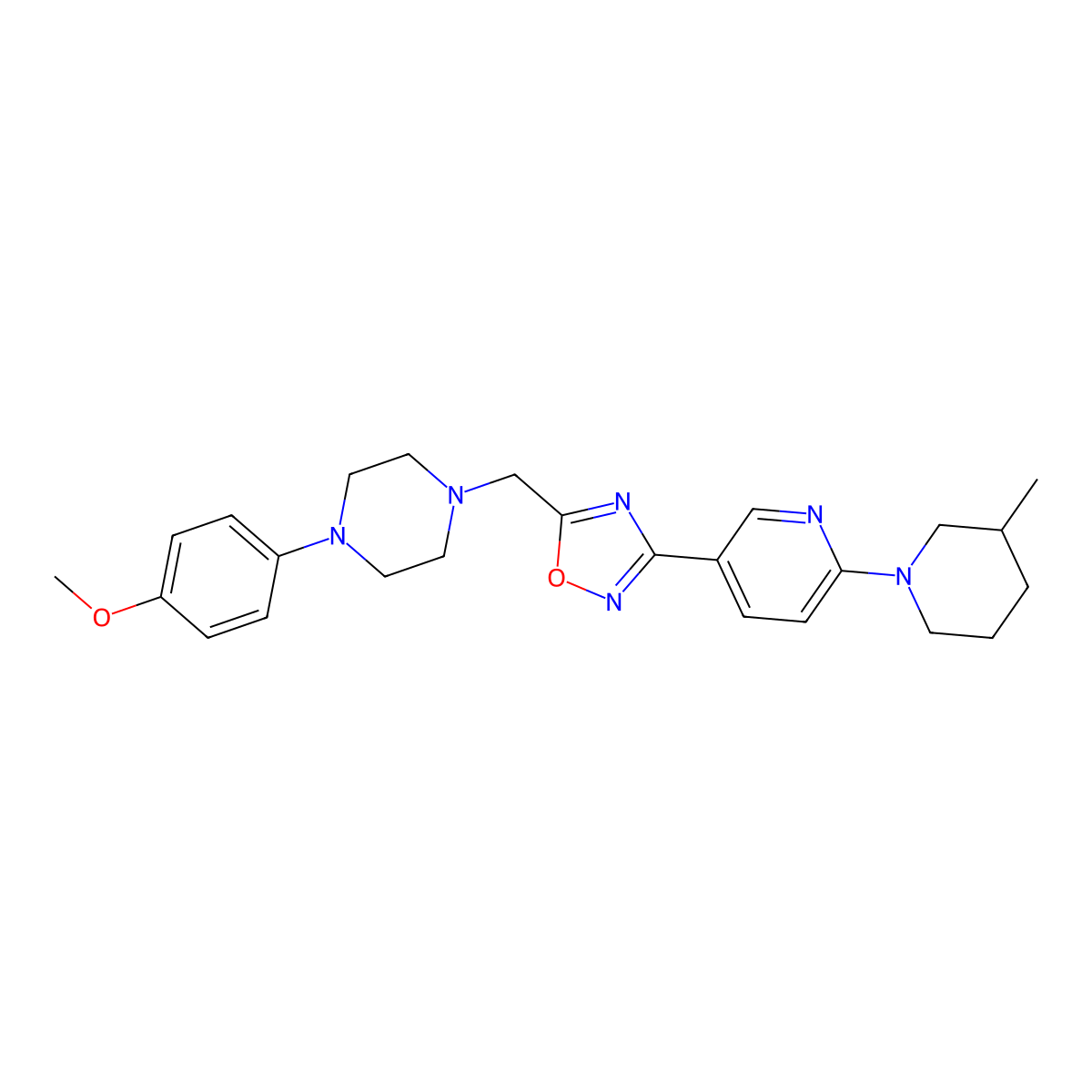 1-(4-Methoxyphenyl)-4-({3-[6-(3-methylpiperidin-1-yl)pyridin-3-yl]-1,2,4-oxadiazol-5-yl}methyl)piperazine molecular structure, CAS 1251688-44-4