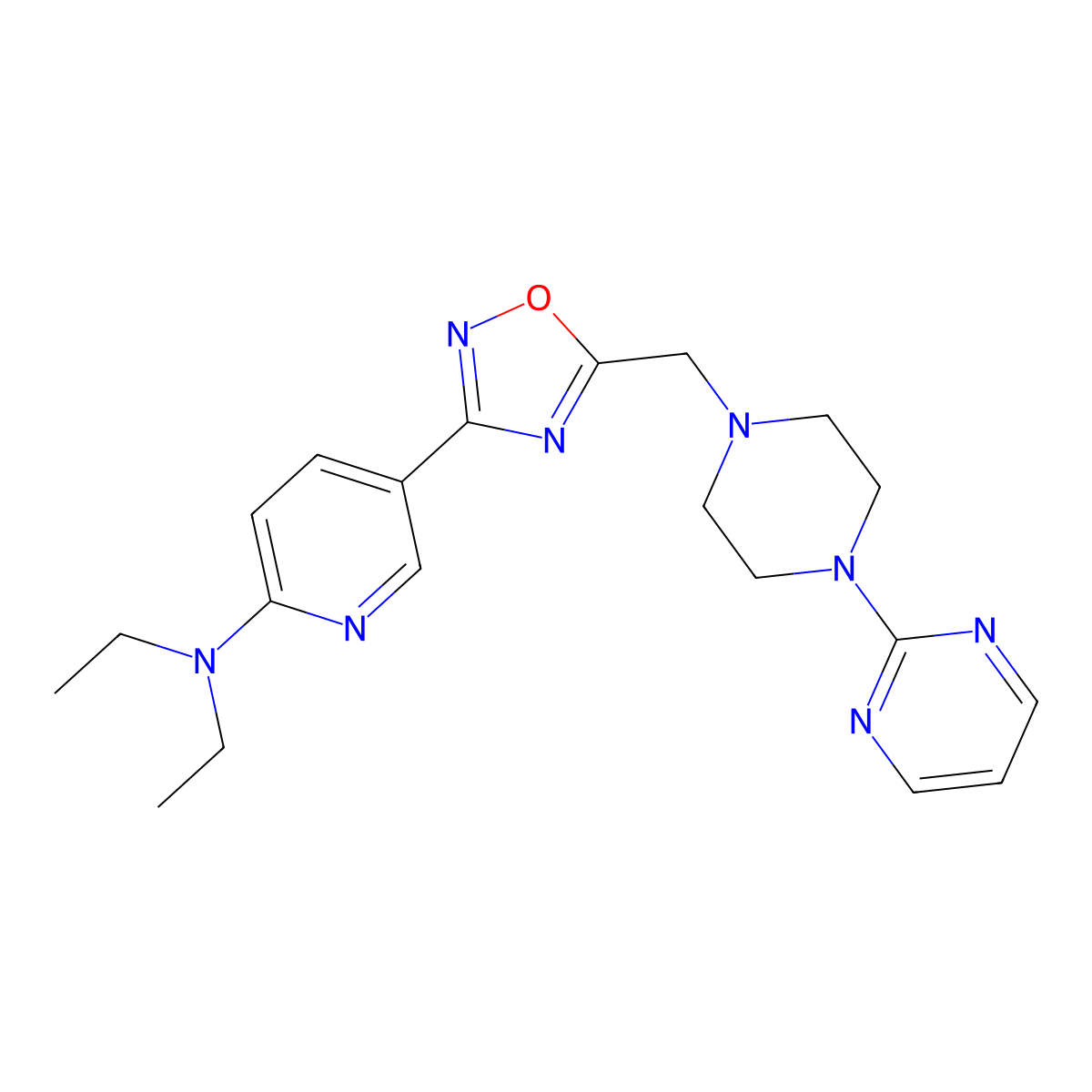 N,N-diethyl-N-[5-(5-{[4-(2-pyrimidinyl)piperazino]methyl}-1,2,4-oxadiazol-3-yl)-2-pyridyl]amine molecular structure, CAS 1251688-53-5