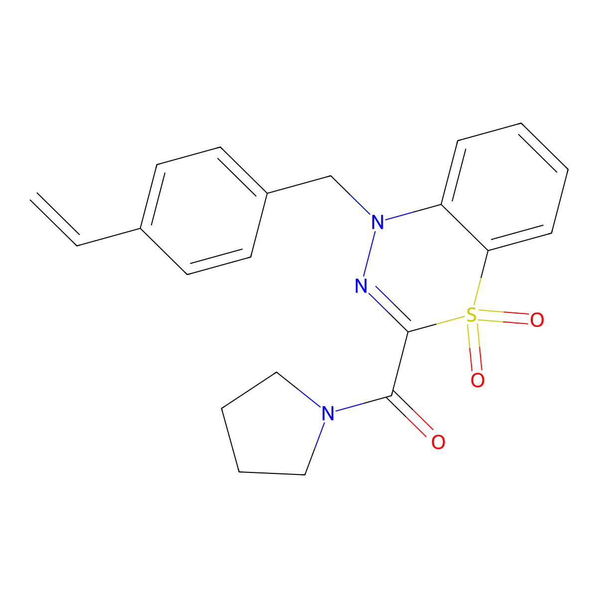 (4,4-dioxido-1-(4-vinylbenzyl)-1H-benzo[e][1,3,4]thiadiazin-3-yl)(pyrrolidin-1-yl)methanone molecular structure, CAS 1251688-60-4