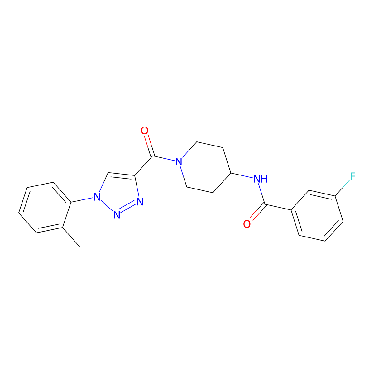 3-fluoro-N-(1-(1-(o-tolyl)-1H-1,2,3-triazole-4-carbonyl)piperidin-4-yl)benzamide molecular structure, CAS 1251688-67-1