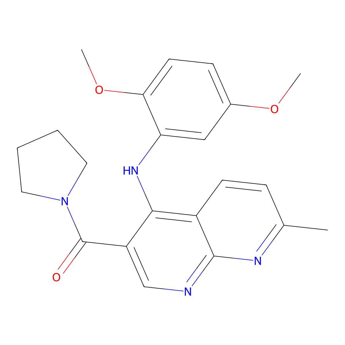 (4-((2,5-Dimethoxyphenyl)amino)-7-methyl-1,8-naphthyridin-3-yl)(pyrrolidin-1-yl)methanone molecular structure, CAS 1251688-78-4