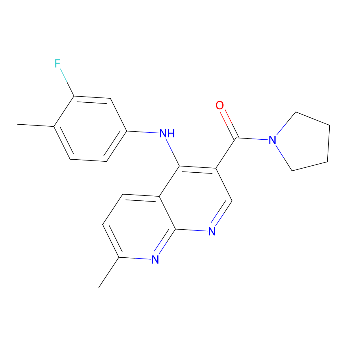 N-(3-fluoro-4-methylphenyl)-7-methyl-3-(pyrrolidine-1-carbonyl)-1,8-naphthyridin-4-amine molecular structure, CAS 1251688-86-4
