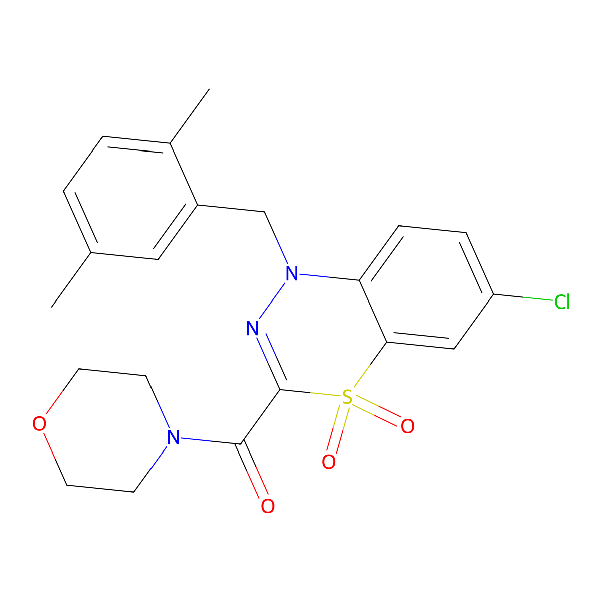 (6-chloro-1-(2,5-dimethylbenzyl)-4,4-dioxido-1H-benzo[e][1,3,4]thiadiazin-3-yl)(morpholino)methanone molecular structure, CAS 1251689-07-2