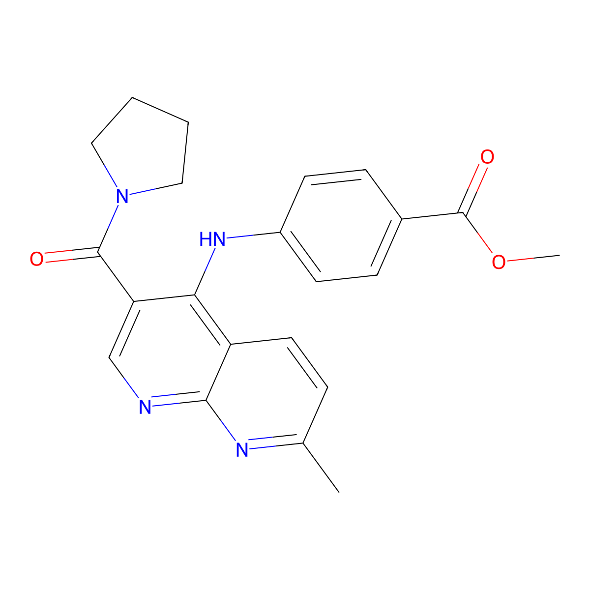 Methyl 4-{[7-methyl-3-(pyrrolidine-1-carbonyl)-1,8-naphthyridin-4-yl]amino}benzoate molecular structure, CAS 1251689-12-9