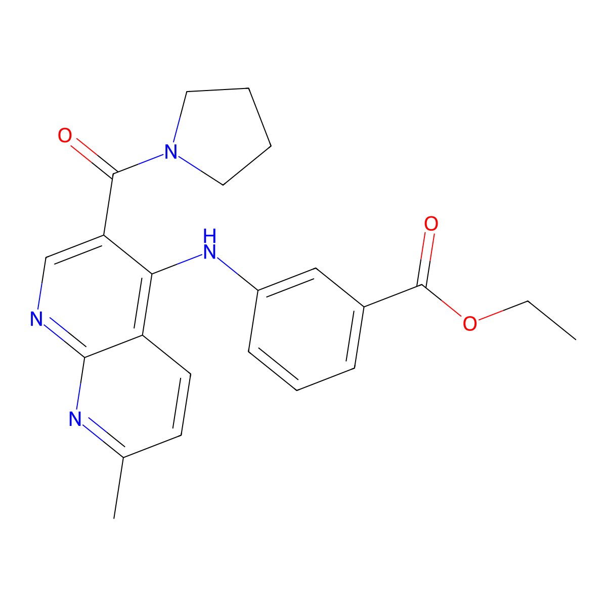 Ethyl 3-{[7-methyl-3-(pyrrolidine-1-carbonyl)-1,8-naphthyridin-4-yl]amino}benzoate molecular structure, CAS 1251689-23-2