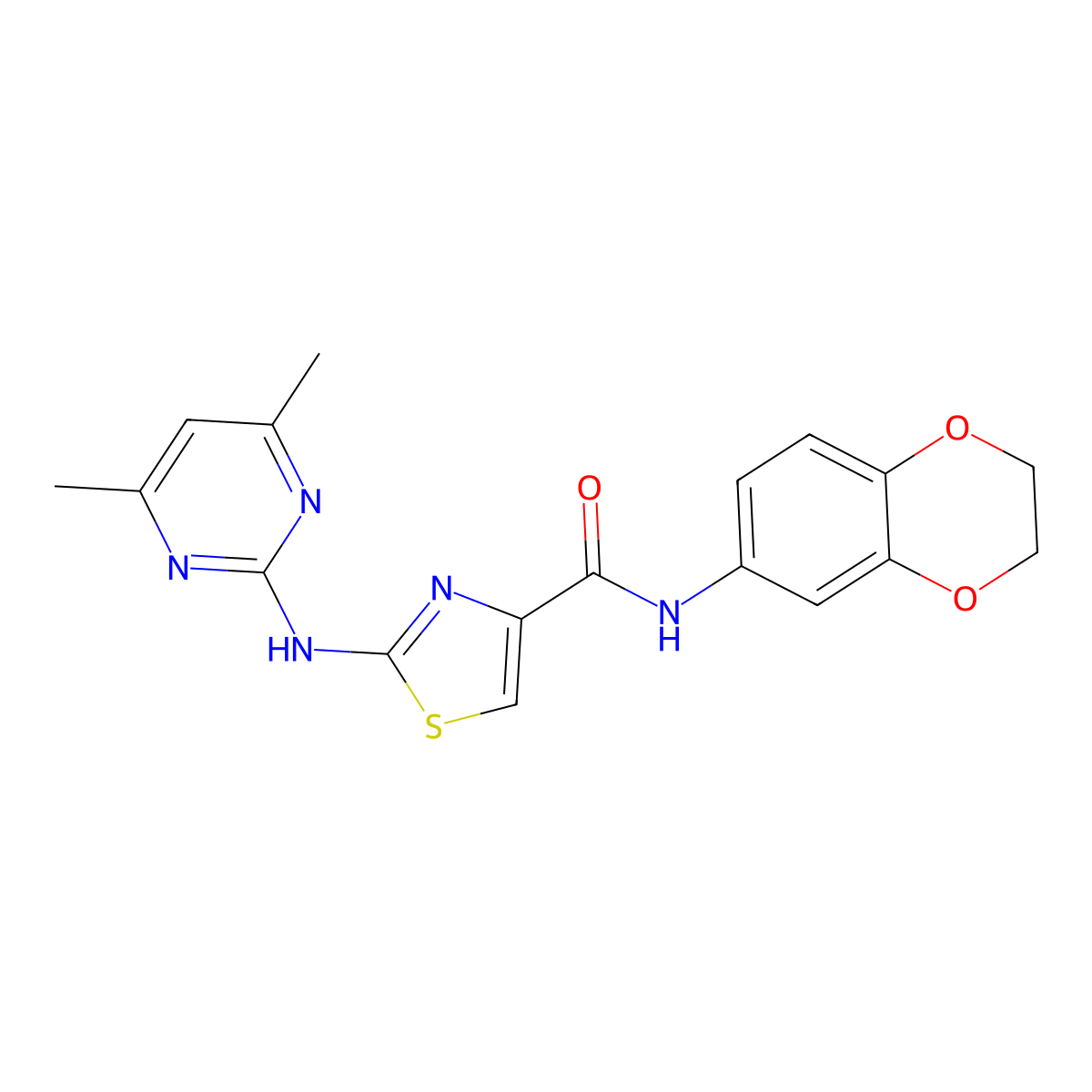 N-(2,3-dihydrobenzo[b][1,4]dioxin-6-yl)-2-((4,6-dimethylpyrimidin-2-yl)amino)thiazole-4-carboxamide molecular structure, CAS 1251689-29-8