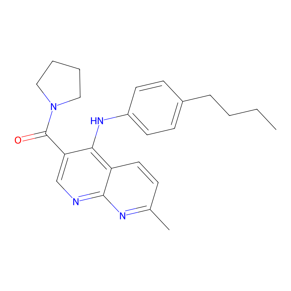 (4-((4-Butylphenyl)amino)-7-methyl-1,8-naphthyridin-3-yl)(pyrrolidin-1-yl)methanone molecular structure, CAS 1251689-30-1