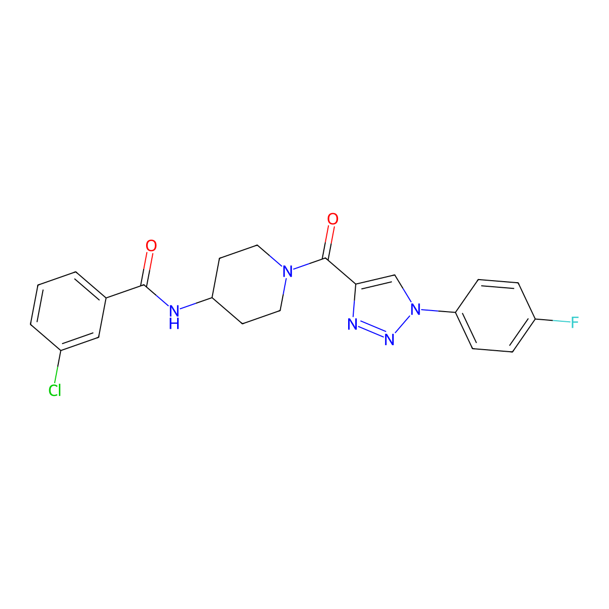 3-chloro-N-(1-(1-(4-fluorophenyl)-1H-1,2,3-triazole-4-carbonyl)piperidin-4-yl)benzamide molecular structure, CAS 1251689-32-3