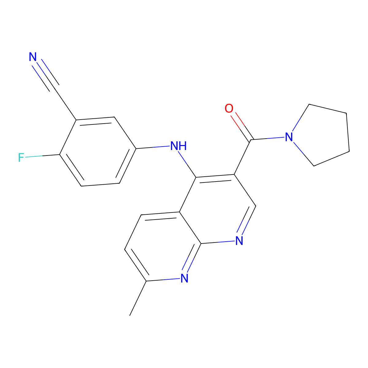 2-Fluoro-5-{[7-methyl-3-(pyrrolidine-1-carbonyl)-1,8-naphthyridin-4-yl]amino}benzonitrile molecular structure, CAS 1251689-40-3