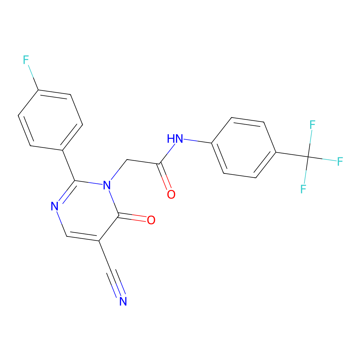 2-(5-cyano-2-(4-fluorophenyl)-6-oxopyrimidin-1(6H)-yl)-N-(4-(trifluoromethyl)phenyl)acetamide molecular structure, CAS 1251689-53-8