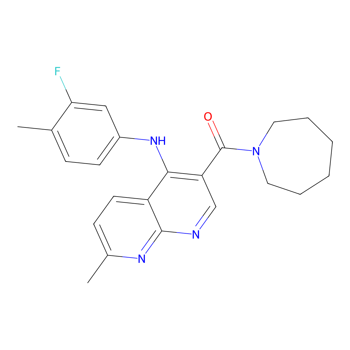 Azepan-1-yl(4-((3-fluoro-4-methylphenyl)amino)-7-methyl-1,8-naphthyridin-3-yl)methanone molecular structure, CAS 1251689-60-7